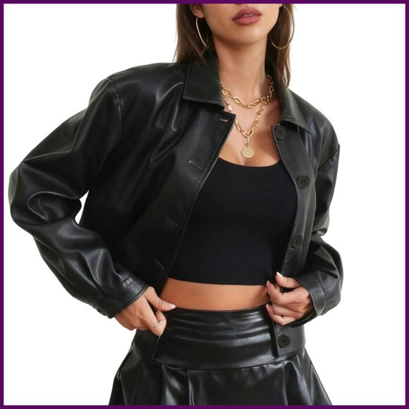 Cropped Faux Leather Jacket Bomber Slim Fit Lightweight Button Down